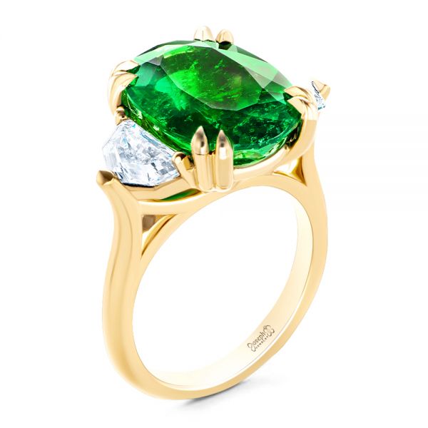 18k Yellow Gold Emerald Three Stone Engagement Ring - Three-Quarter View -  107447