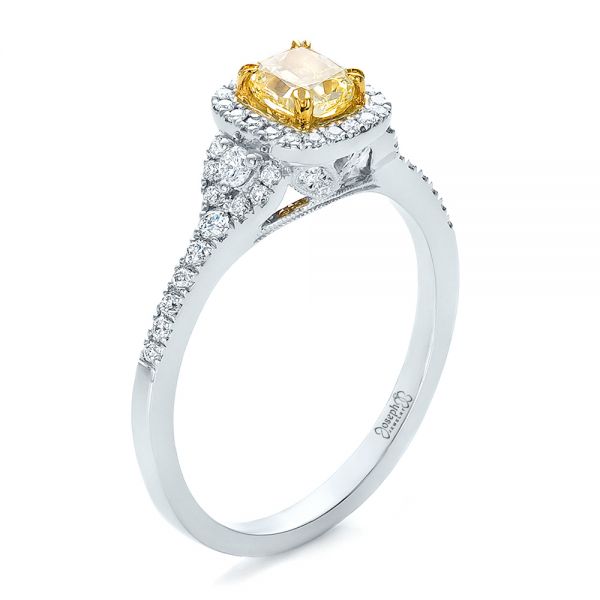 14k White Gold And 14K Gold Fancy Yellow Diamond With Halo Engagement Ring - Three-Quarter View -  100564
