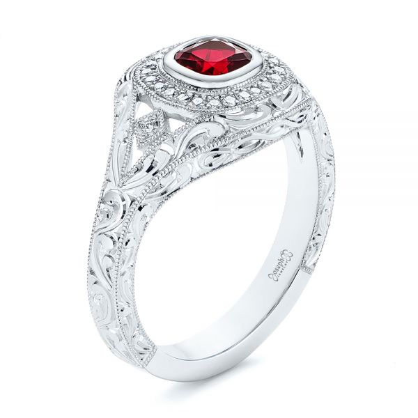 Hand Engraved Ruby and Diamond Halo Engagement Ring - Image