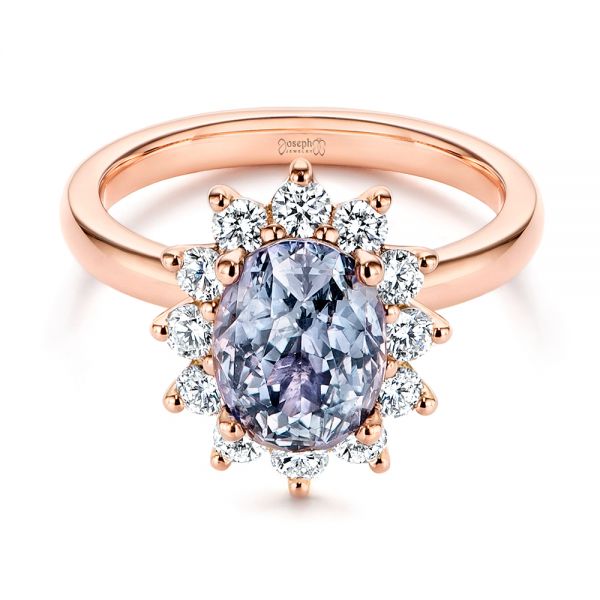 14k Rose Gold 14k Rose Gold Montana Sapphire And Diamond Halo Engagement Ring - Flat View -  106520