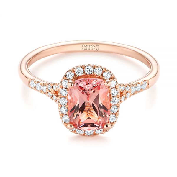 14k Rose Gold Pink Champagne Sapphire And Diamond Halo Engagement Ring - Flat View -  104657