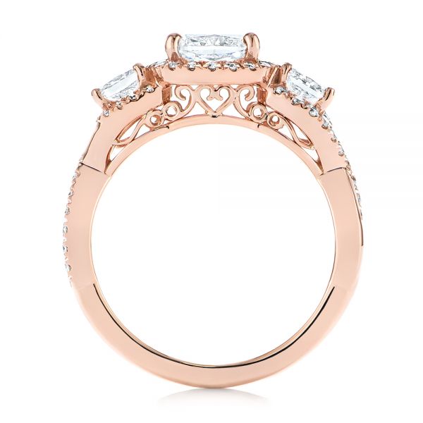 14k Rose Gold Three Stone Cushion Diamond Criss Cross Engagement Ring - Front View -  105123