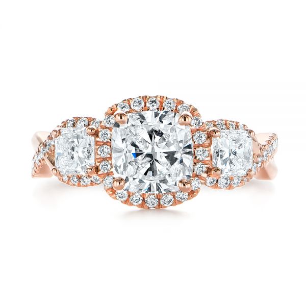 14k Rose Gold Three Stone Cushion Diamond Criss Cross Engagement Ring - Top View -  105123