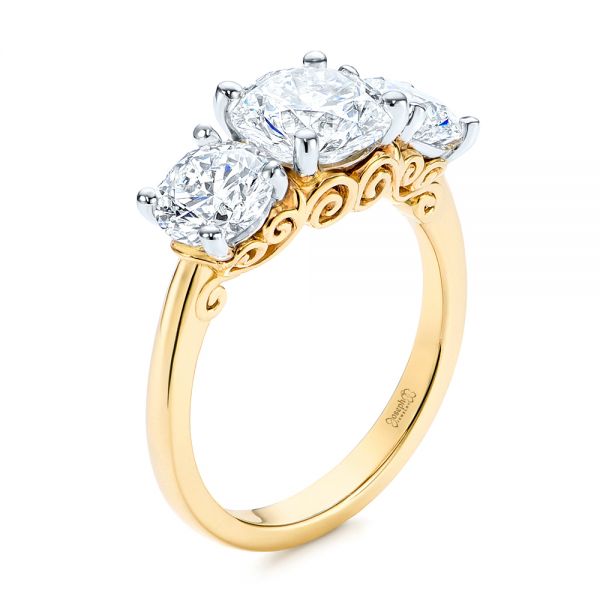 14k Yellow Gold And Platinum Three Stone Filigree Diamond Engagement Ring - Three-Quarter View -  106148