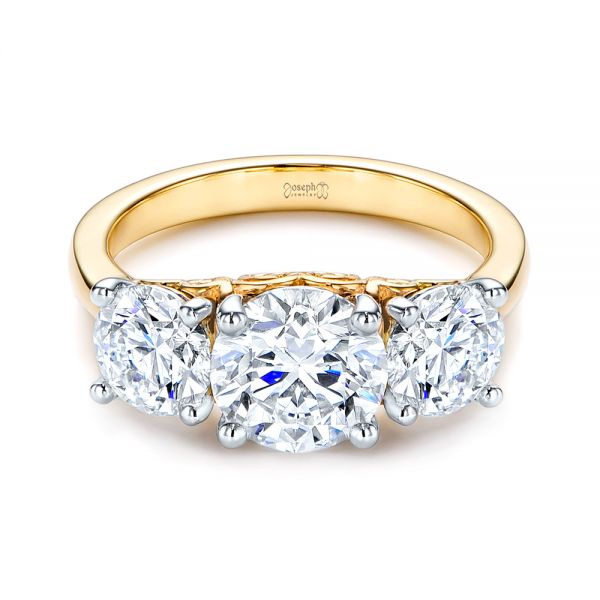 14k Yellow Gold And Platinum Three Stone Filigree Diamond Engagement Ring - Flat View -  106148 - Thumbnail