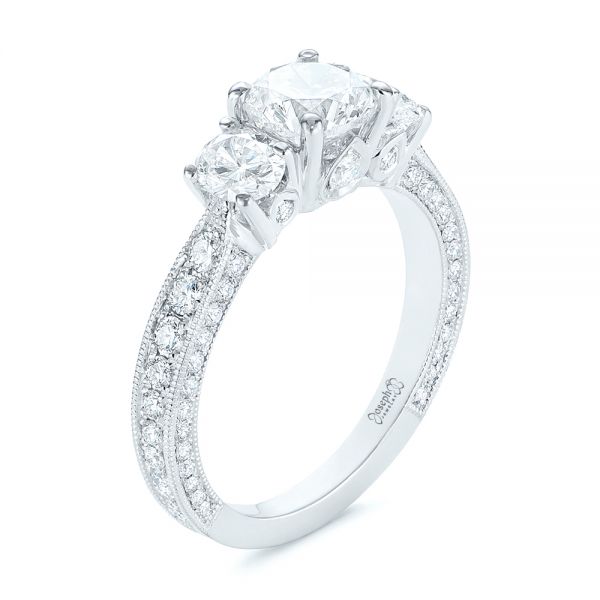 Three Stone Oval and Round Diamond Engagement Ring - Image