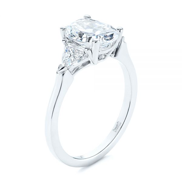 18k White Gold Three-stone Trillion And Oval Diamond Engagement Ring - Three-Quarter View -  105800