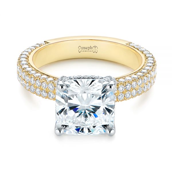 18k Yellow Gold And Platinum Two-tone Pave Cushion Cut Diamond Engagement Ring - Flat View -  105285