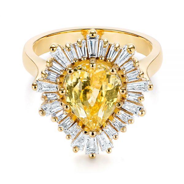 14k Yellow Gold Yellow Sapphire And Baguette Diamond Halo Engagement Ring - Flat View -  105771