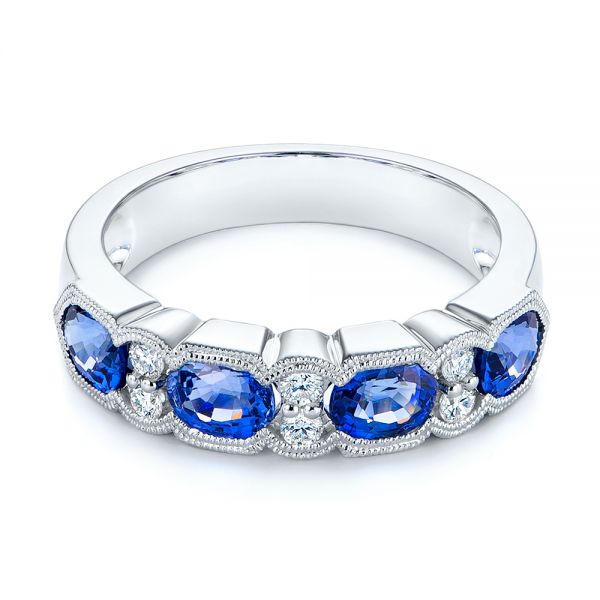 14k White Gold Blue Sapphire And Diamond Wedding Ring - Flat View -  105421