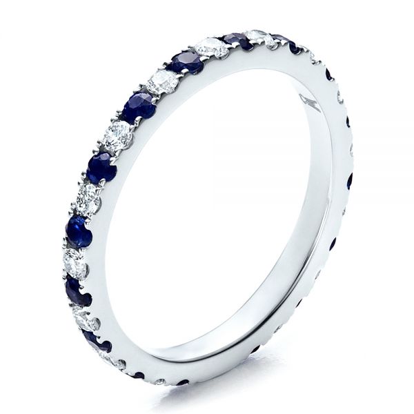 18k White Gold Sapphire Band With Matching Engagement Ring - Three-Quarter View -  100001
