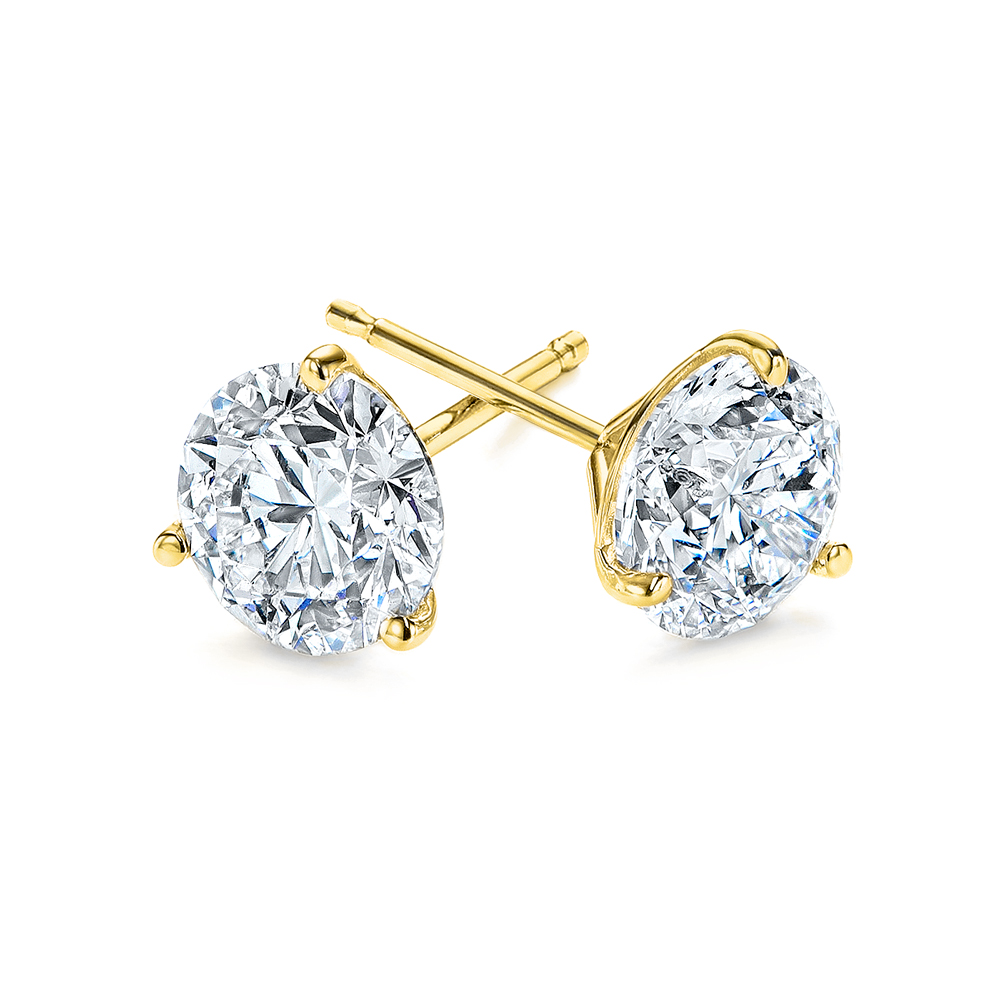 Yellow Gold 3-Prong Natural Diamond Earrings (1 ctw.) - Three Quarter View Thumbnail