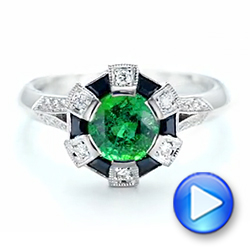 14k White Gold Custom Emerald Black And White Diamond Engagement Ring - Video -  103208 - Thumbnail