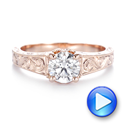 14k Rose Gold Custom Hand Engraved Tri Leaf Solitaire Diamond Engagement Ring - Video -  104829 - Thumbnail