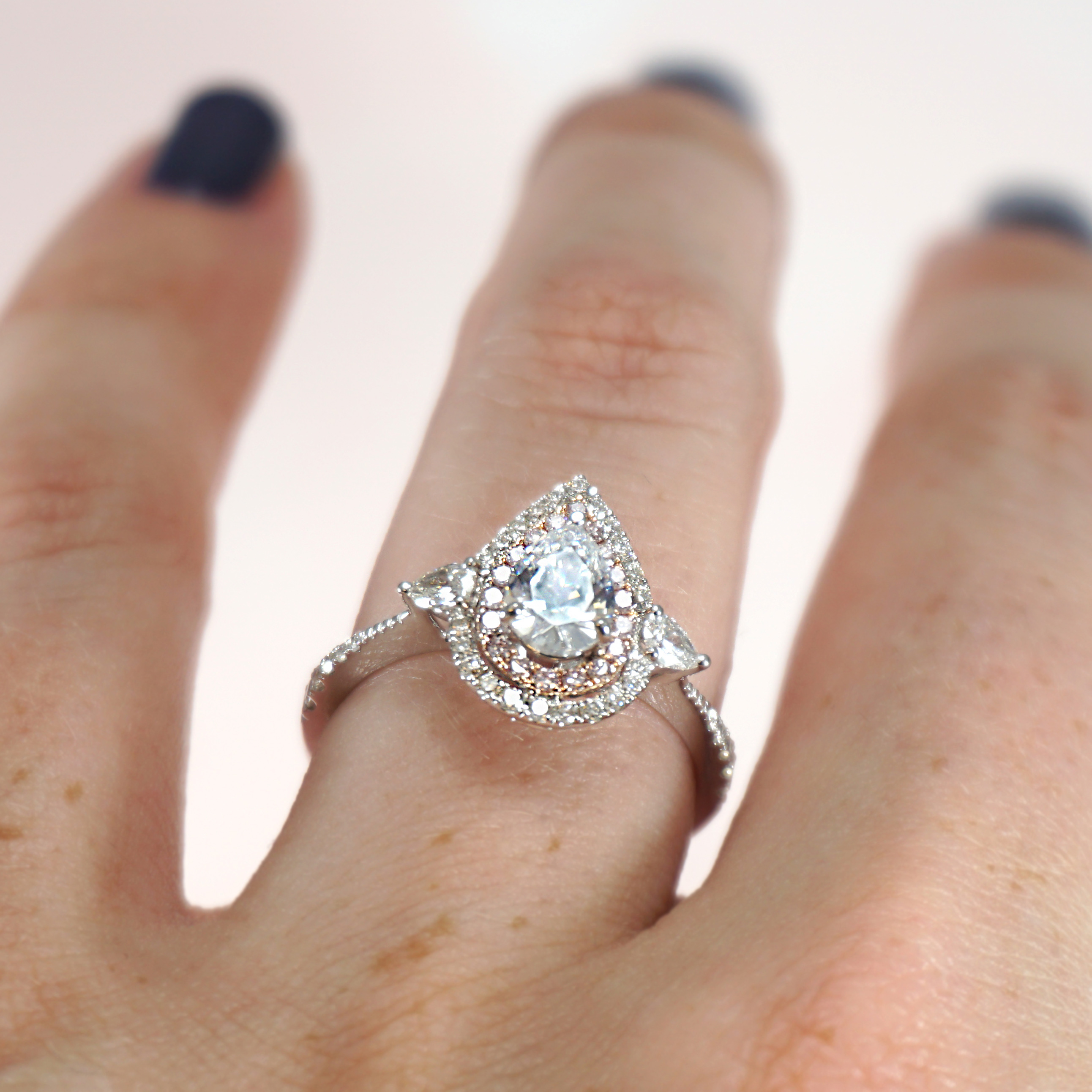 Pink Diamond Halo Pear Engagement Ring
