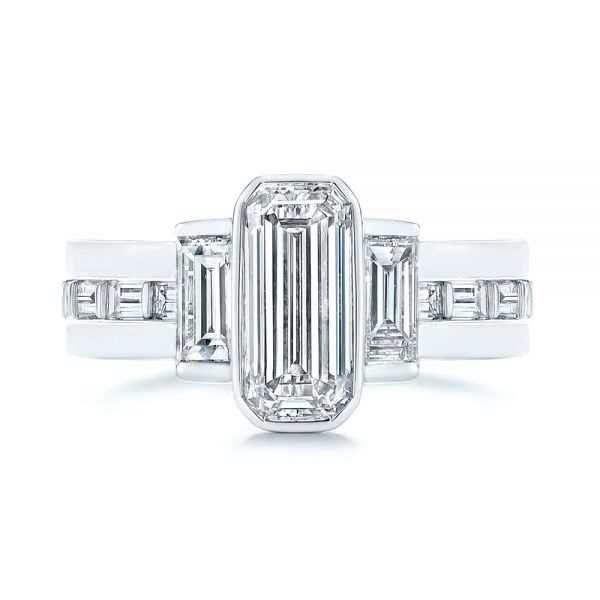Three Stone Emerald Diamond Interlocking White Gold Engagement Ring