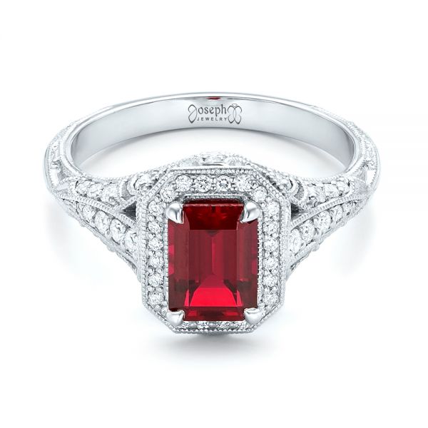 Custom Ruby And Diamond Halo Vintage Engagement Ring