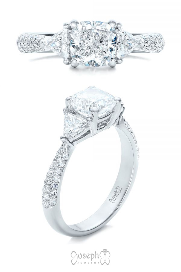 Custom Three Stone Cushion Cut Diamond Engagement Ring 102091
