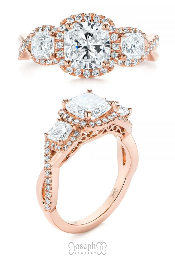 Three Stone Cushion Diamond Criss Cross Engagement Ring
