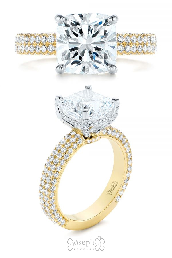 Two-tone Pave Cushion Cut Diamond Engagement Ring