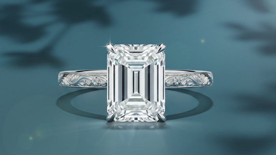 Emerald Cut Hand Engraved Diamond Engagement Ring