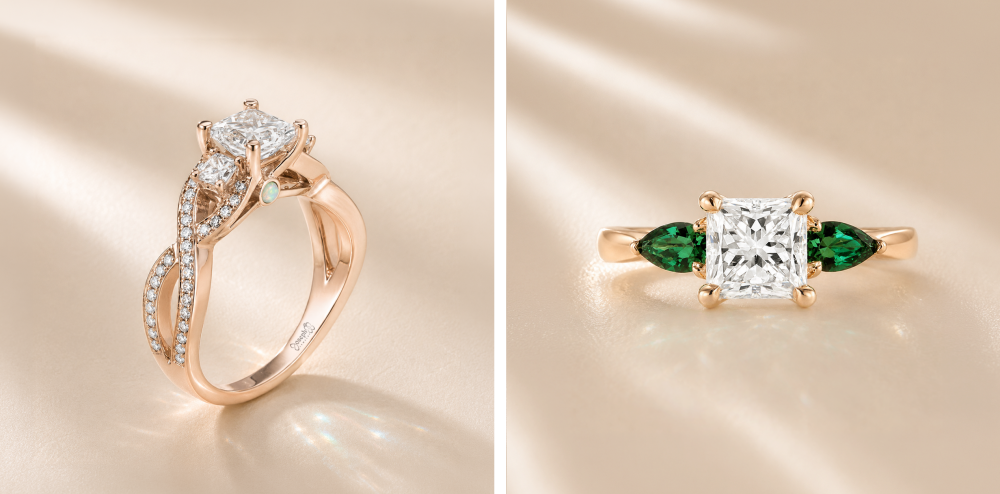 Opal Peekaboo Engagement Ring - Three Stone Green Tourmaline and Diamond Engagement Ring