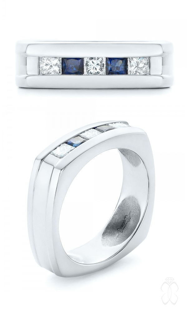 Custom Blue Sapphire and Diamond Men's Wedding Band