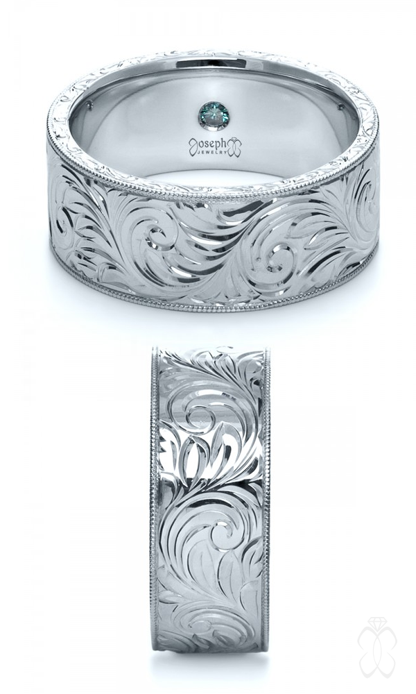 Custom Hand Engraved Hidden Blue Diamond Wedding Ring