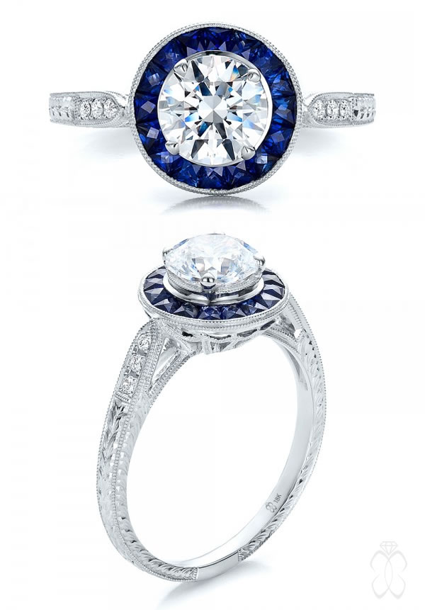 Art Deco Style Blue Sapphire Halo and Diamond Engagement Ring