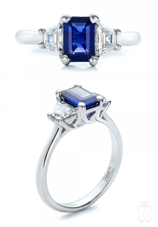 Joseph Jewelry Custom Three Stone Blue Sapphire and Diamond Engagement Ring