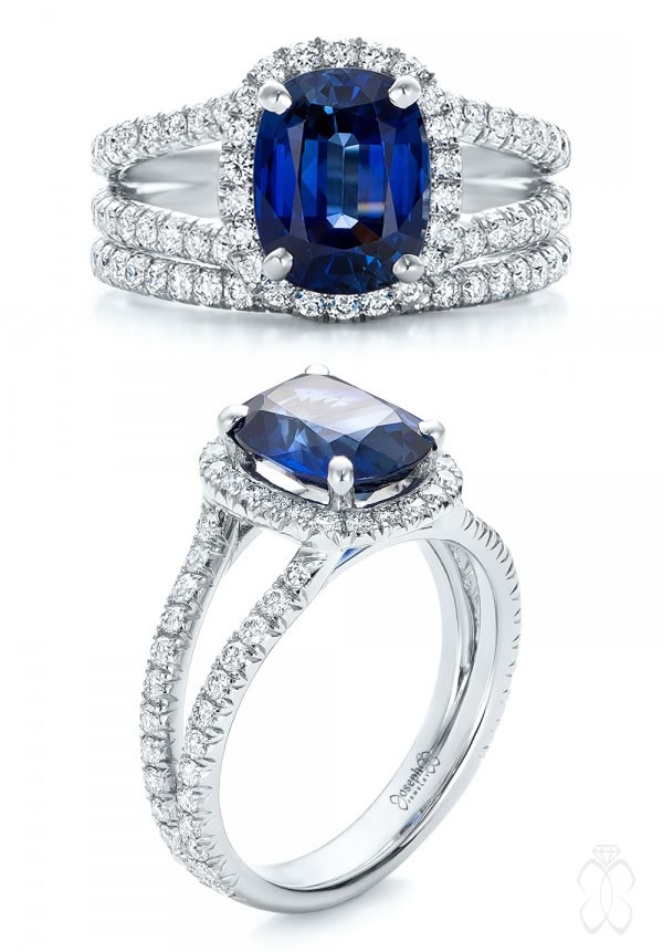 Joseph Jewelry Custom Blue Sapphire and Diamond Halo Engagement Ring