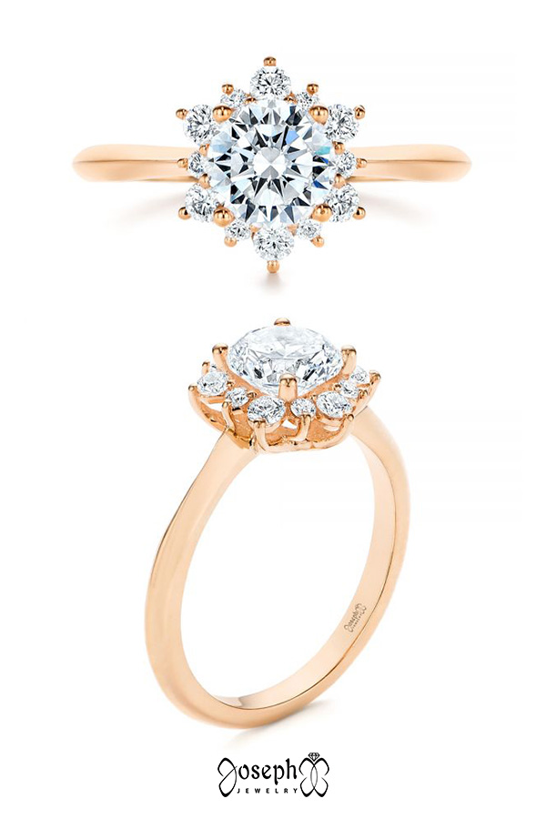 14k Rose Gold Starburst Cluster Halo Diamond Engagement Ring