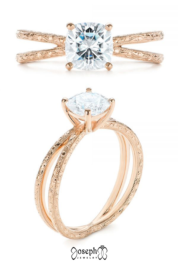 14k Rose Gold Hand Engraved Solitaire Moissanite Engagement Ring