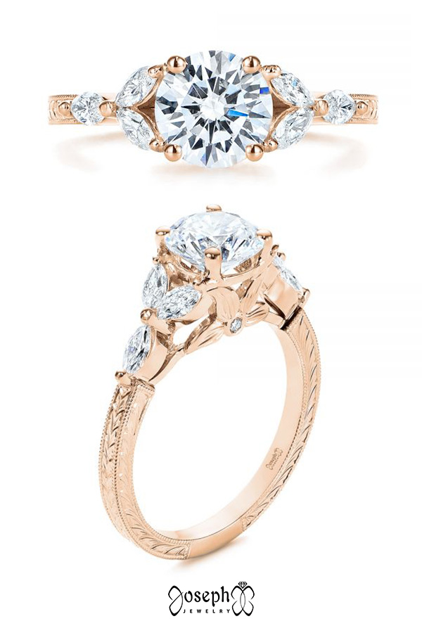 14k Rose Gold Custom Tri-leaf Marquise Diamond Engagement Ring