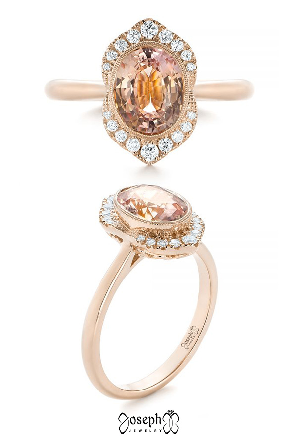 14k Rose Gold Custom Peach Sapphire And Diamond Halo Engagement Ring