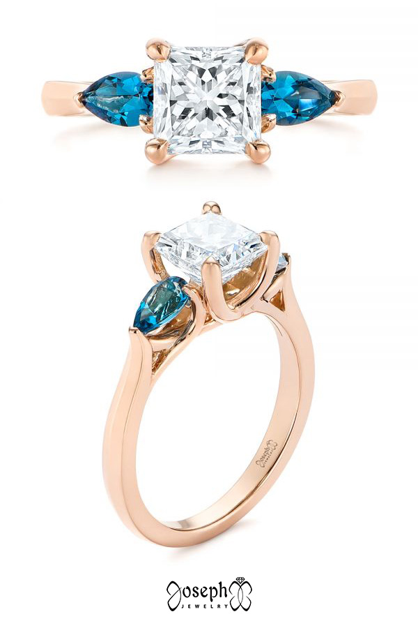 Custom Three Stone London Blue Topaz And Diamond Engagement Ring