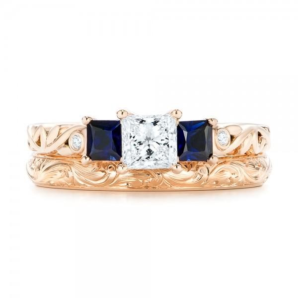 Custom Rose Gold Three Stone Blue Sapphire and Diamond Wedding Set Joseph Jewelry