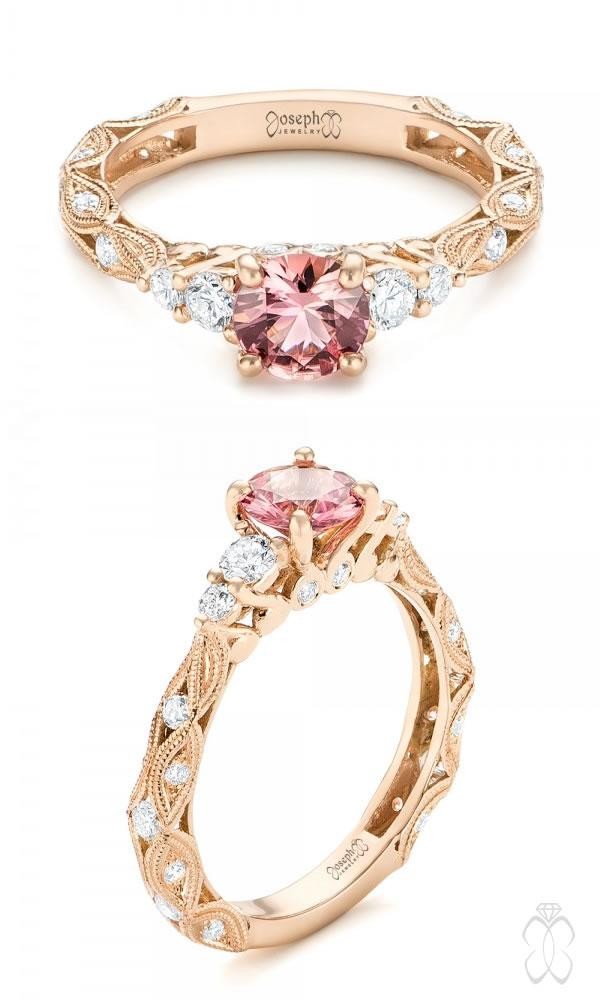 Custom Rose Gold Peach Sapphire and Diamond Engagement Ring