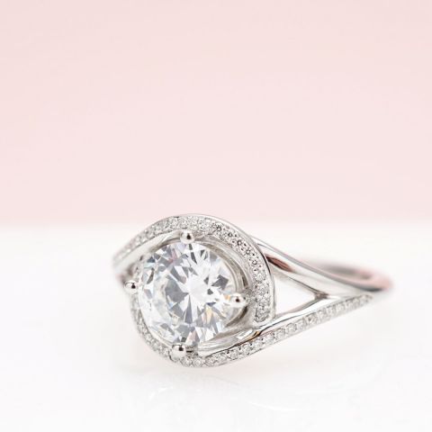 Low Profile - Split Shank Wrapped Halo Diamond Engagement Ring