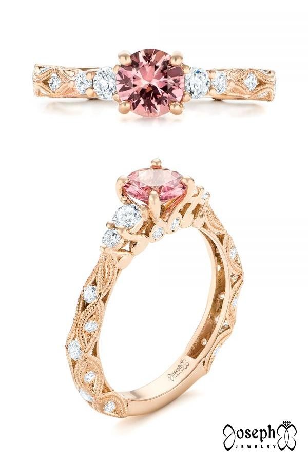 Custom 14K Rose Gold Peach Sapphire And Diamond Engagement Ring