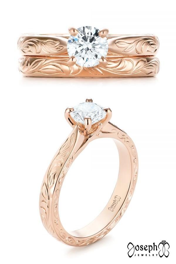 Custom 14K Rose Gold Solitaire Diamond Engagement Ring With Hand Engraving