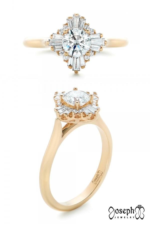 Custom Baguette Halo Diamond Vintage Inspired Engagement Ring