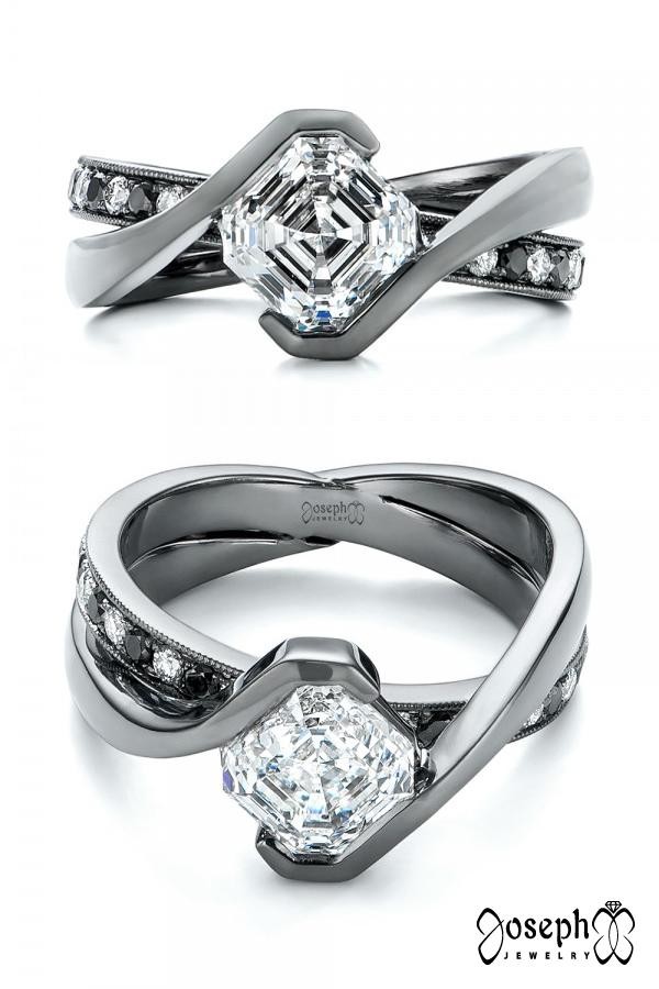 Custom Black And White Asscher Diamond Engagement Ring