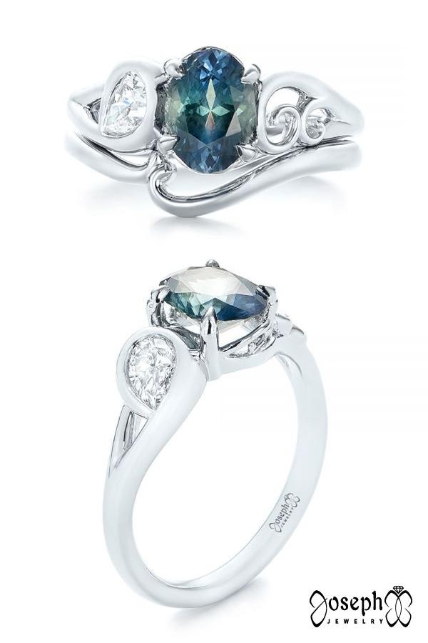 Custom Blue-green Sapphire And Diamond Asymmetrical Engagement Ring