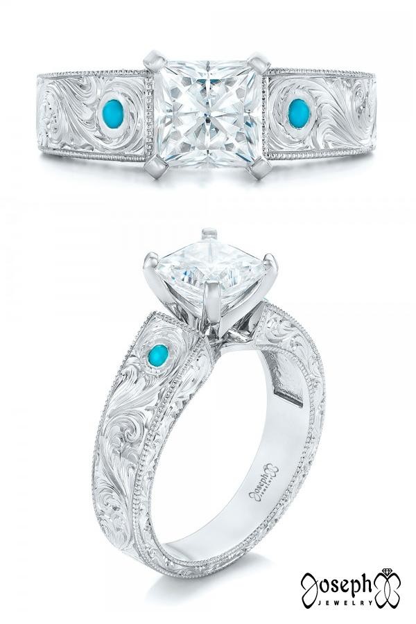Custom Diamond And Turquoise Three Stone Engagement Ring