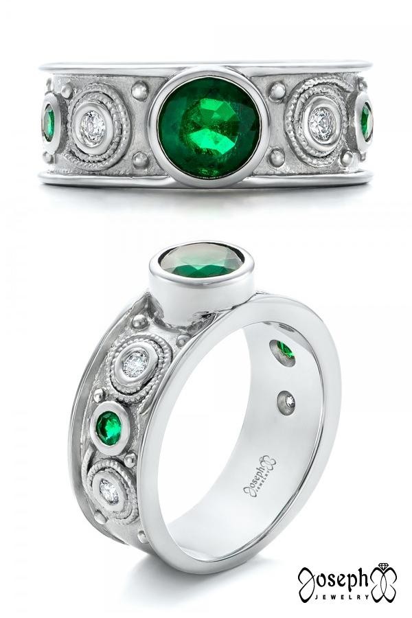 Custom Steampunk Emerald And Diamond Bezel Set Engagement Ring