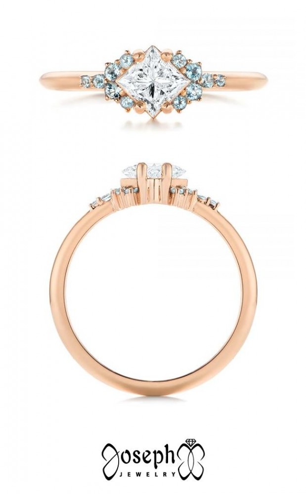Custom Low Profile Aquamarine And Diamond Engagement Ring