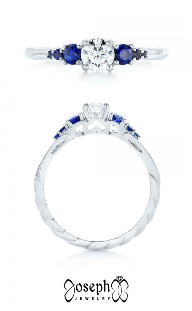 Custom Low Profile Blue Sapphire And Diamond Engagement Ring