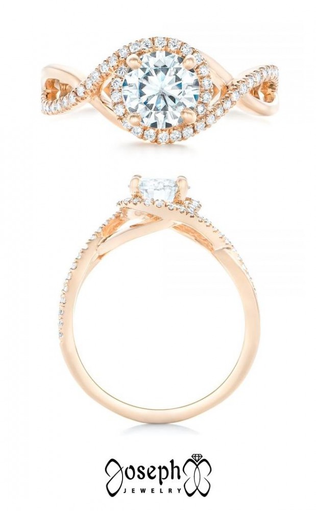 Custom Low Profile Rose Gold Criss Cross Diamond Halo Engagement Ring