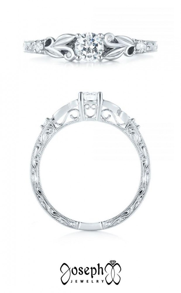 Custom Low Profile Hand Engraved Diamond Engagement Ring